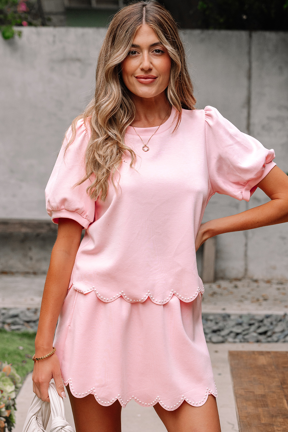 Light Pink Puff Sleeve Pearl Embellished Scallop Trim Top 2 Piece Skort Set Item image 3