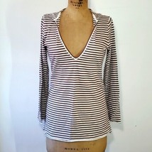 Izod Size M Top Long Sleeve T-Shirt Stripe Brown White Hooded Deep V Nec... - $21.56