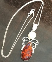 Handmade Amber &amp; Pearl 20&quot; Sterling Necklace - £25.49 GBP