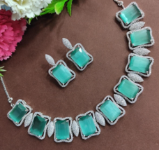 Bollywood Style Indian Turquoise Silver Plated CZ Necklace Choker Jewelry Set - £75.13 GBP