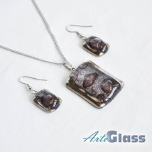 Jewelry set - handmade brown bubble glass with platinum, necklace and earrings - £34.53 GBP