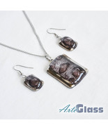 Jewelry set - handmade brown bubble glass with platinum, necklace and ea... - £34.25 GBP