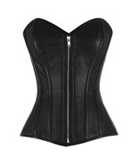 Gothic Overbust Sexy Bustier Full Steel Boned Victorian Black Leather Zip Corset - $52.63 - $59.35