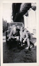 Vintage Soldier Buddies Hanging Out Setting On Bumper Snapshot WWII 1940s - $8.99