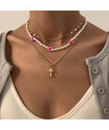 Pink Howlite &amp; Pearl 18K Gold-Plated Mushroom Pendant Necklace Set - £12.63 GBP