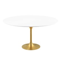 60&quot; White Round Tulip Pedestal Stem Dining Table Lacquered Wood Top &amp; Gold Base - £924.36 GBP