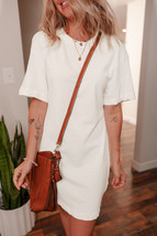 White Drop Shoulder Crew Neck Shift T Shirt Dress - $221.77 MXN