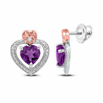 Sterling Silver Womens Round Lab-Created Amethyst Heart Earrings 7/8 Cttw - £99.77 GBP