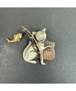 Whimsical K&amp;T Cat Fishing Brooch Pin w/ Basket &amp; Fish Dangle Mixed Metal - $54.69 CAD