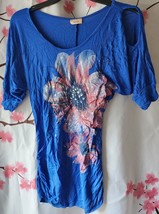 Cesem Blue Pink Silver Floral Cut Out Sleeve Cinched Tunic Dress Size Small - £15.76 GBP