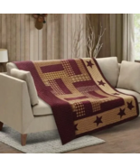 Primitive Star Burgundy Plaid Printed Quilted Throw Blanket Country Farm... - $35.84