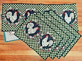 Tapestry Chicken Rooster 70&quot; Table Runner Matching Placemats Set Farmhouse Vtg - £39.65 GBP