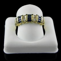 1.25Ct Blue Sapphire &amp; Diamond Engagement Wedding Band Ring 14K Yellow Gold Over - £64.73 GBP