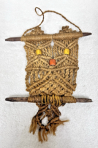 Vintage Jute Macrame Owl Wood Bead Eyes Beak Wood Branches Wall Hanging ... - $16.34