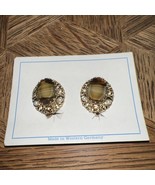 West Germany Brown Porphyry Glass Pearl Topaz Brass Filigree Clip on Ear... - $104.02 CAD