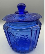 Anchor Hocking Cookie Cracker Jar Cobalt Floral Design Glass Lid 8" @Lid 5 Dia. - $30.81