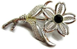 Sarah Coventry Brooch Stem Flower Black Faceted Center Stone Silver Tone Vintage - $41.82