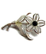 Sarah Coventry Brooch Stem Flower Black Faceted Center Stone Silver Tone... - $41.82