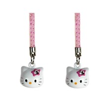 Set Of 2 Hello Kitty Brass Bell Charms Pink White Craft Mobile Cell Phone Strap - £7.19 GBP