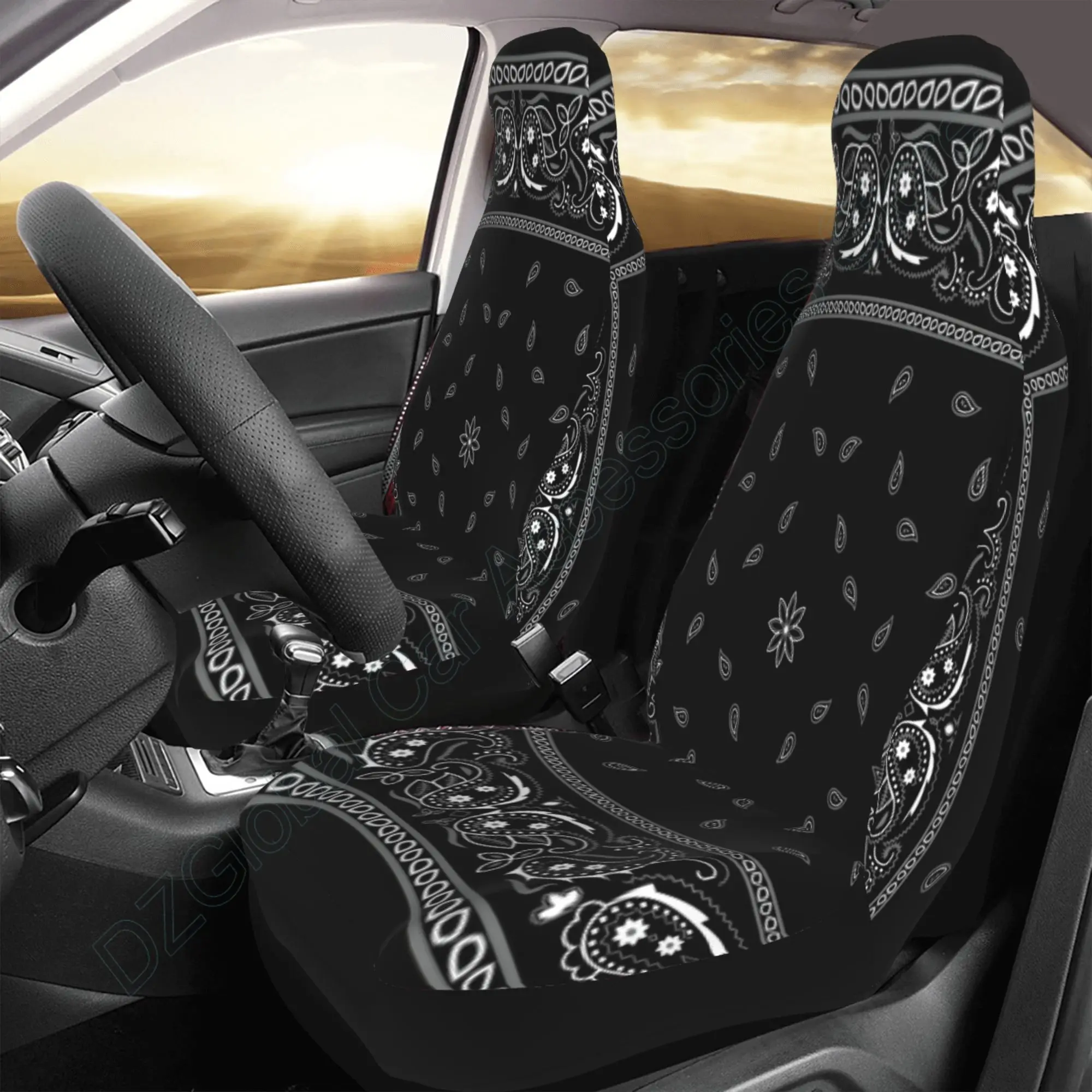 Car Seat Covers Colorful Paisley Black Pattern Bandanna Border Scarf White Set - £22.88 GBP