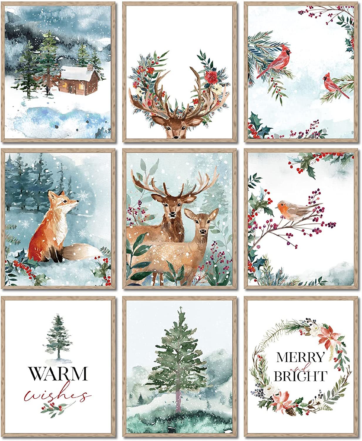 Christmas Wall Art Prints By Anydesign 9 Pcs. Watercolor Woodland, Unframed. - $38.97