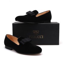 Handmade FERUCCI Men Black Velvet with Black Bow Slippers loafers Flat - £135.88 GBP