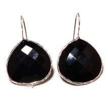 Pear Black Onyx Cut Gemstone 925 Silver Overlay Handmade Dangle Drop Earrings - £9.50 GBP