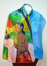 Silk Scarf Hand painted Batik &quot;Tahiti Woman with Fruit &quot;. Paul Gauguin Motives. - £55.48 GBP