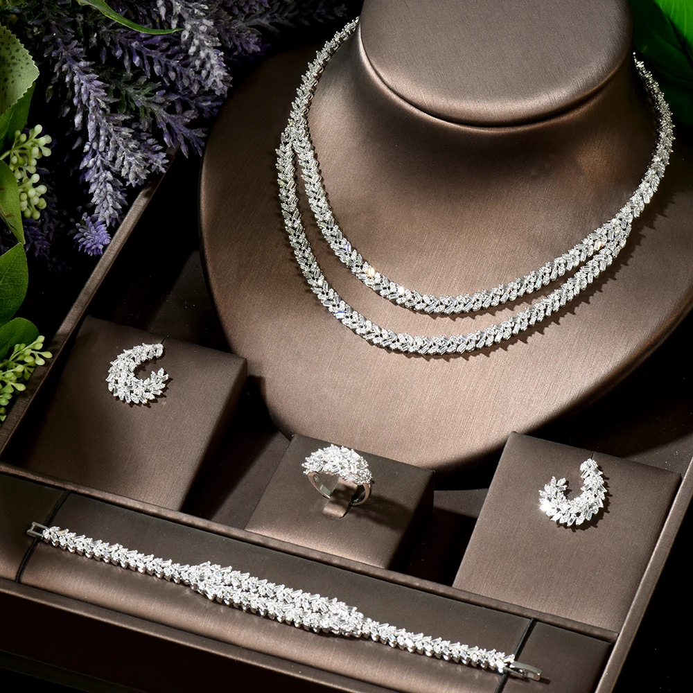 Vintage Two Layers Women Wedding Necklace Set Geometric Cubic Zirconia Jewelry S - £90.65 GBP