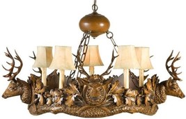 Chandelier Lodge 5 Small Stag Head Deer 5-Light Brass Faux Leather Shade Cast - £2,516.05 GBP