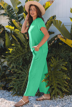 Bright Green Solid Corded Knit Short Sleeve T Shirt and Wide Leg Pants Set - $709.81 MXN