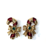 Avon Christmas Candy Cane Earrings Gold Tone Green Rhinestone Bow Accent... - £7.86 GBP