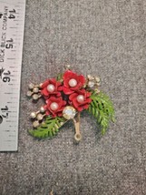 Vintage multi colored Red flower bouquet with faux Pearl &amp; Rhinestones - £8.92 GBP