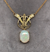 14k Yellow Gold Art Deco Style 8ct Genuine Natural Opal Necklace (#J6098) - £1,300.22 GBP