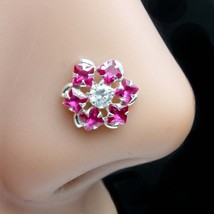 Cute Flower Style Real Sterling Silver Pink CZ Studded Nose ring Push Pin - £10.70 GBP