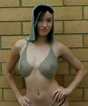 New Women Bikini Aluminum Halter Bra + Pantie + Coif, Sexy Chainmail swimmingX - £61.75 GBP