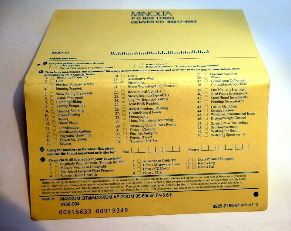 Warranty Card for Minolta QTsi Maxxum AF 35-80mm kit lens vintage - $6.33
