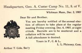 Whitman Massachusetts Camp Custer Sons Of Union Veterans Postcard 1907 - £14.67 GBP