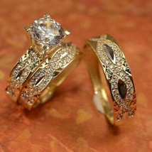 Sposa Matrimonio Trio Set Anello Placcato Oro Giallo Lui / Hers Diamanti Finti - £236.25 GBP
