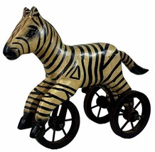 Wooden Zebra Pull Toy ~ Vintage Hand Carved Wood Zebra Tricycle On Metal Wheels - £30.37 GBP
