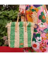 FRANCES VALENTINE Alfie French Straw &amp; Leather Tote Bag, Green Stripe, NWT - $239.00