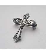 VINTAGE 925 STERLING SILVER MARCASITE STUDDED FAITH CROSS BROOCH - $54.18 CAD