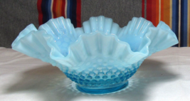 Fenton Blue Opalescent Dewdrop Hobnail Glass Ruffled Bowl Dish 10.25&quot; Pu... - $49.99