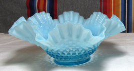 Fenton Blue Opalescent Dewdrop Hobnail Glass Ruffled Bowl Dish 10.25&quot; Pu... - £39.32 GBP