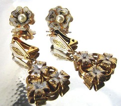 Vintage Damascene Clip Earrings Faux Pearl 24K Gold Plated  2 pairs  - $29.00