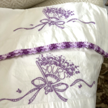 Vintage Pillowcases Hand Embroidered Floral Fan Ribbon Crochet Edge Estate Pcs - £19.42 GBP