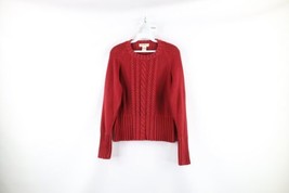 Vintage 90s Eddie Bauer Womens Medium Cotton Cable Knit Crewneck Sweater Red - £39.52 GBP