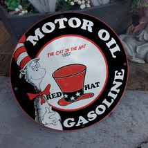 Vintage 1957 Red Hat Motor Oil Gasoline &#39;Cat In The Hat&#39; Porcelain Gas-Oil Sign - £97.63 GBP