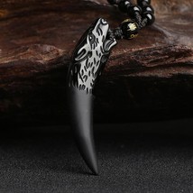 Black Obsidian Carved Wolf-Head Necklace - £23.98 GBP