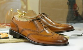Handmade Men&#39;s Tan Leather Wing Tip Brogue Lace Up Shoes, Men Formal Dress Shoes - £114.66 GBP